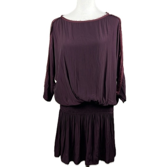 Ramy Brook Wine Burgundy Blouson Mini Dress Sz S Drop Waist Smocked Romantic - Picture 1 of 16